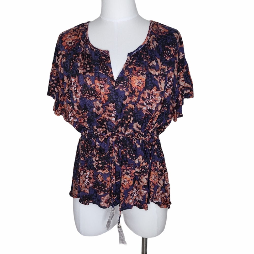 Free People Linen Blend Purple Pink Floral Flutter Tassels Kimono Tie Waist XS